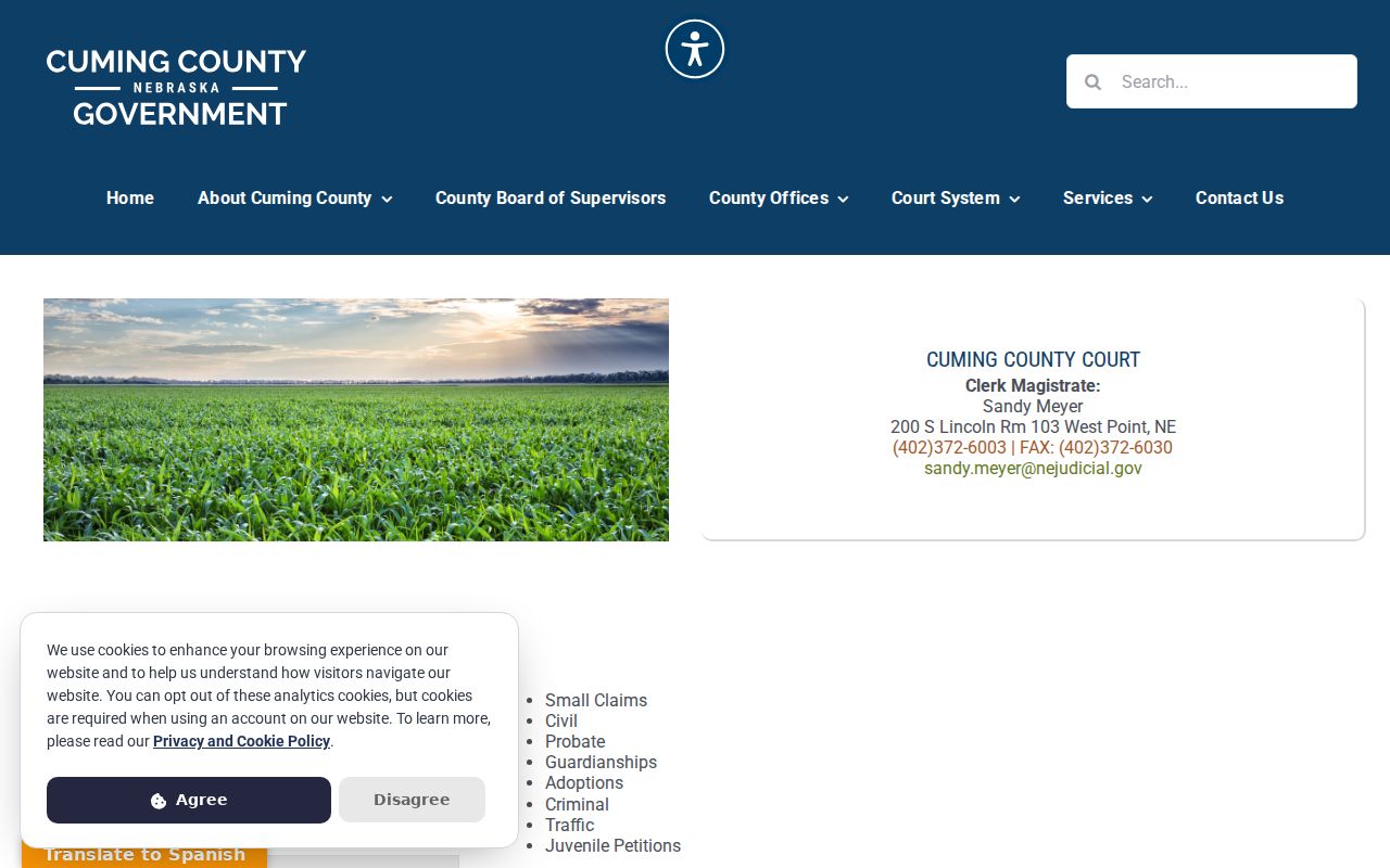 Cuming County criminal court case records and County Court contact page