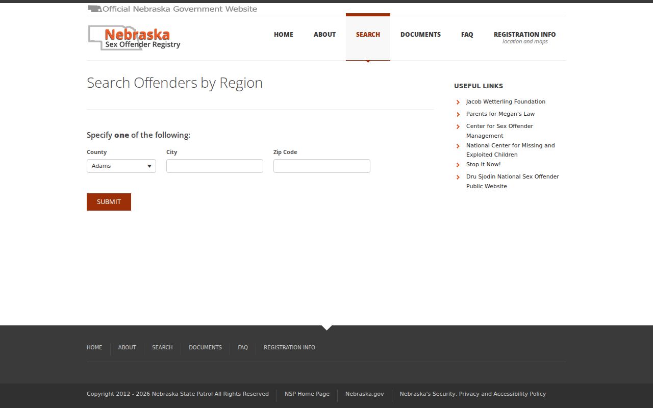 Cuming County sex offender registry region search fields